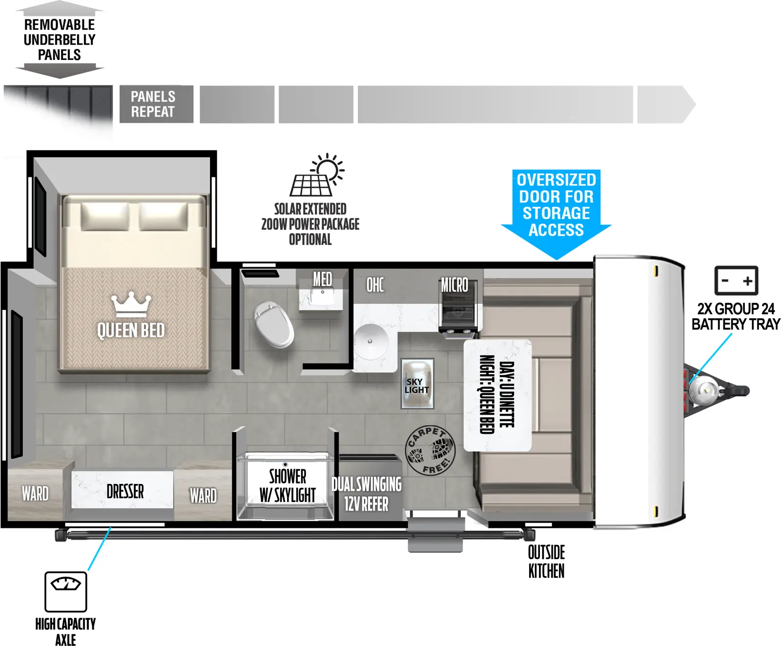 The Salem FSX 169RSK floorplan has one entry and one slide out. Exterior features include: fiberglass exterior, 15' awning and outside kitchen. Interiors features include: u-dinette and rear bedroom.